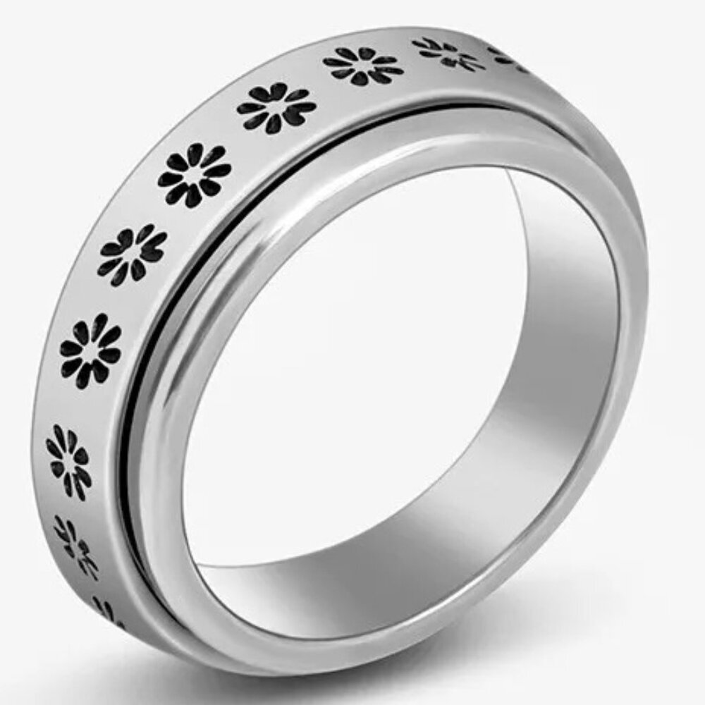 Stainless Steel Spinner Fidget Ring For Anxiety NEW Size 10 Daisy Flower Design - Picture 1 of 4